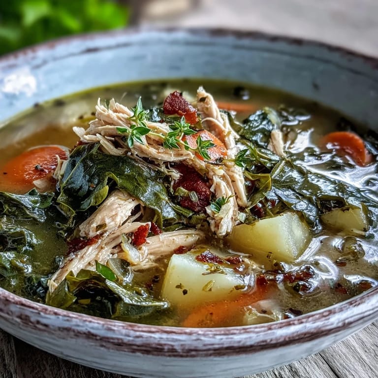 Bowls of homemade Collard Greens, Chicken and Vegetable Soup served with crusty bread for dipping.