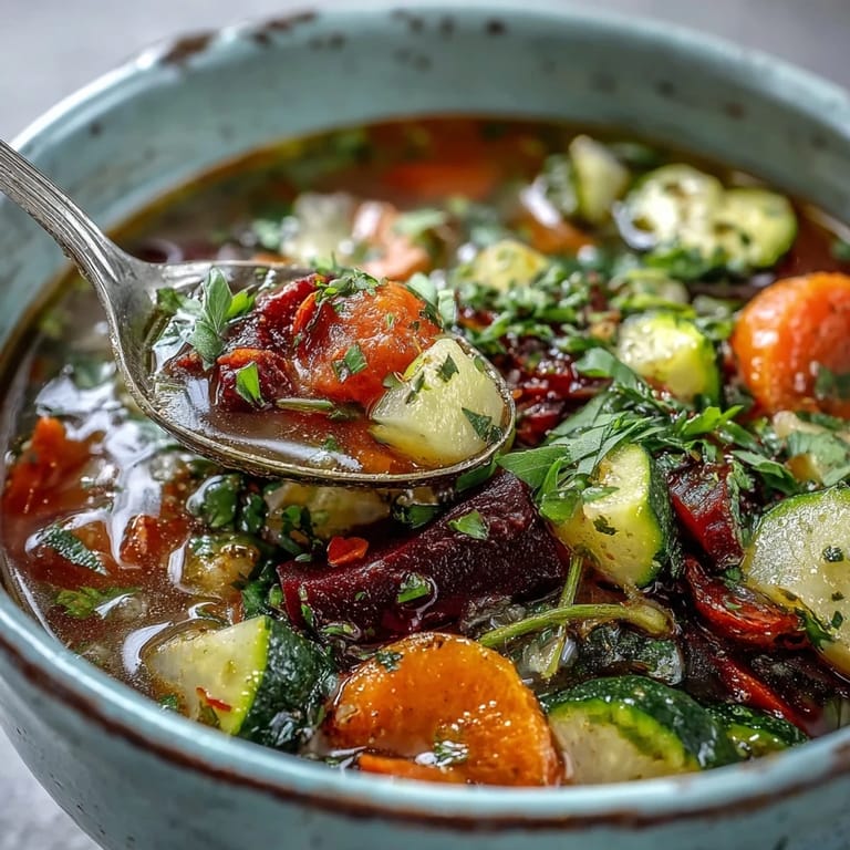 Colorful Rainbow Vegetable Detox Soup simmering in a pot with vibrant beetroot and zucchini chunks.