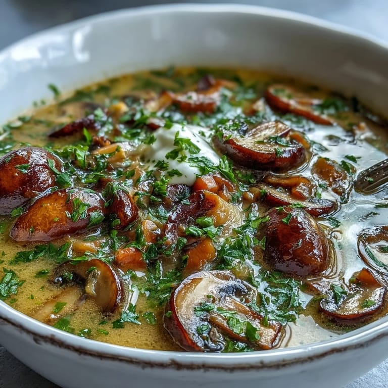 A rustic spoon diving into Creamy Mushroom Stroganoff Soup, revealing the rich and creamy texture perfect for chilly weeknights or easy meal prep.