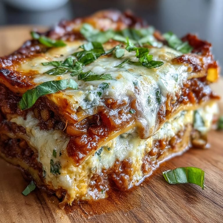 Slices of One-Pan Smoky Veggie Lentil Lasagne reveal layered ricotta and hearty mushroom bolognese on a rustic plate.