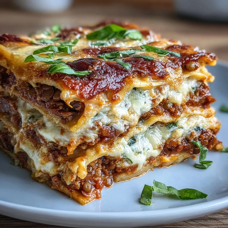 Steamy, cheesy One-Pan Smoky Veggie Lentil Lasagne fresh from the oven, garnished with vibrant torn basil and Parmesan.