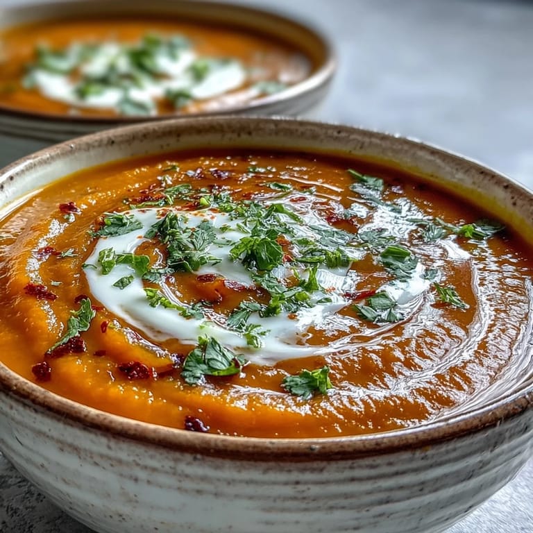 Served hot Carrot, Celeriac and Chilli Soup with vibrant orange color and dairy-free yogurt garnish for a cozy meal.