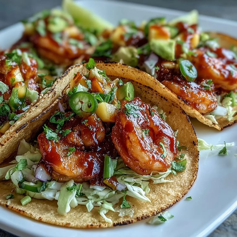Eight warm corn tortillas filled with spicy Sriracha Shrimp Tacos with Mango Salsa and lime wedges on the side.