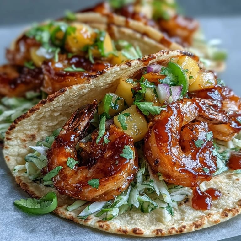 Close-up of sautéed shrimp topped with chunky mango salsa and crisp red cabbage for Sriracha Shrimp Tacos with Mango Salsa.