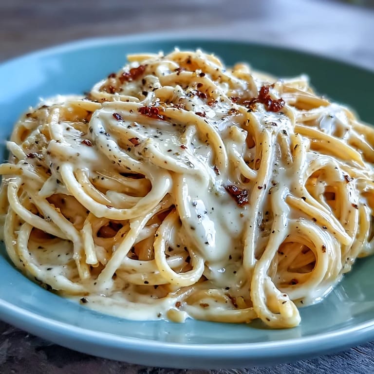 Classic Cacio e Pepe in a skillet, featuring a glossy, emulsified cheese sauce clinging to noodles next to a glass of white wine.