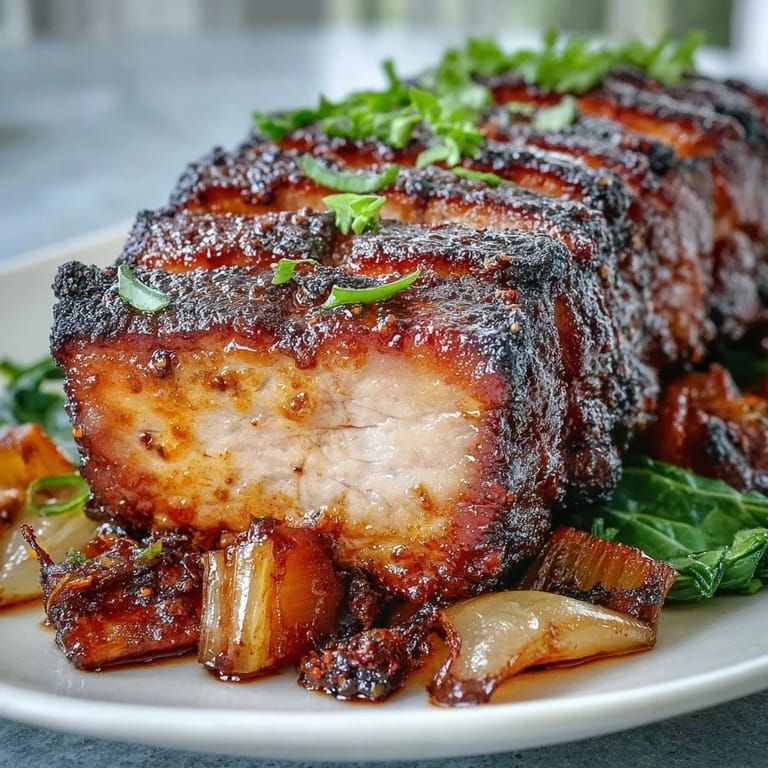 A close-up of juicy pork and tender rhubarb from the Pork and Aromatic Rhubarb Traybake, highlighting the glistening glaze.