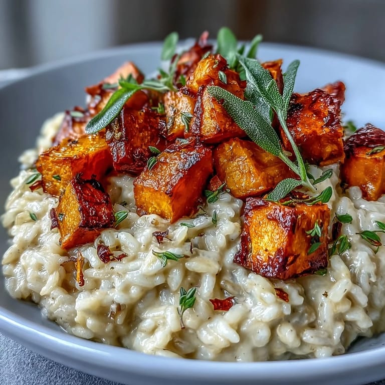 A close-up of creamy Vegan Pumpkin Risotto with golden roasted pumpkin cubes and fresh sage.