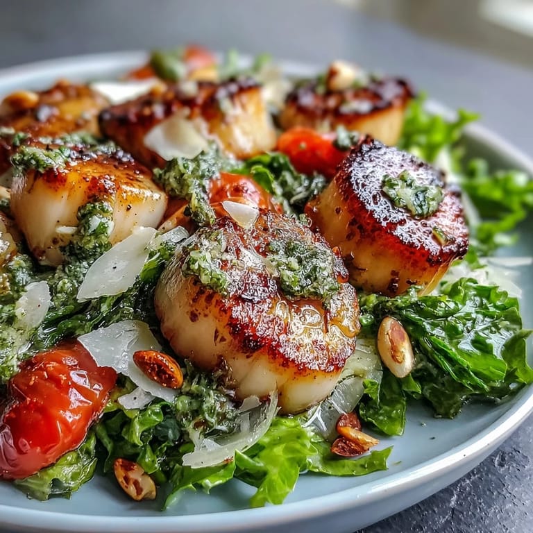 Close-up of seared scallops with escarole salad and pesto vinaigrette next to a glass of white wine.