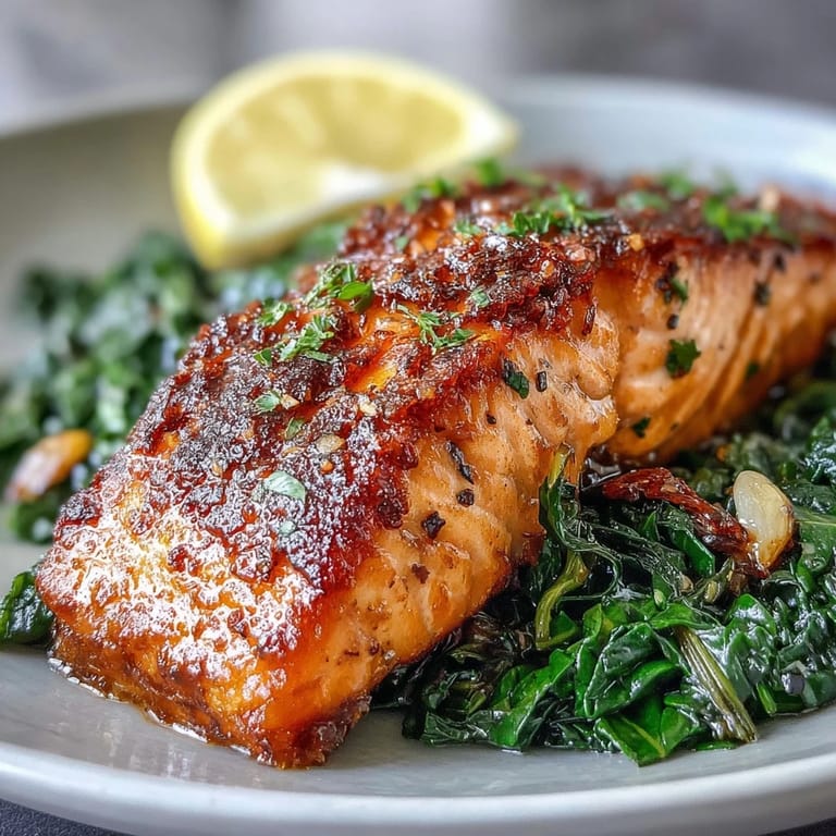 Overhead view of Air Fryer Salmon and Swiss Chard served with lemon wedges, showcasing a nutritious low-carb meal suitable for a busy weeknight.