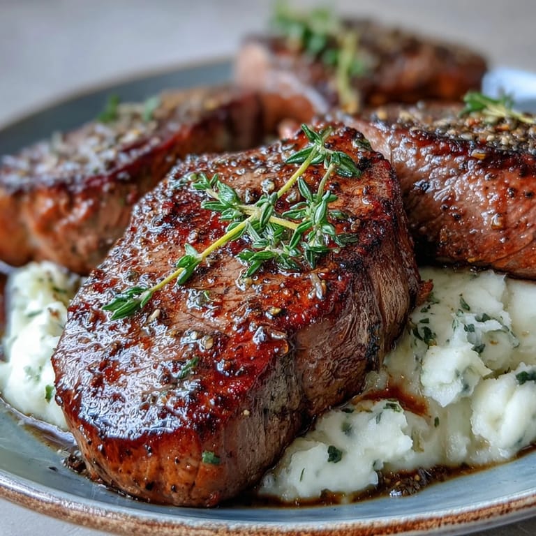 Tender venison steaks with caraway crushed swede, drizzled with a glossy red wine reduction sauce.