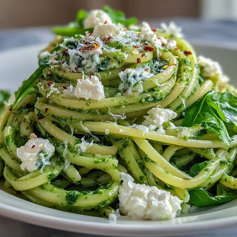 Creamy arugula pesto clinging to tender linguine, finished with lemony notes and fresh arugula garnish for serving.