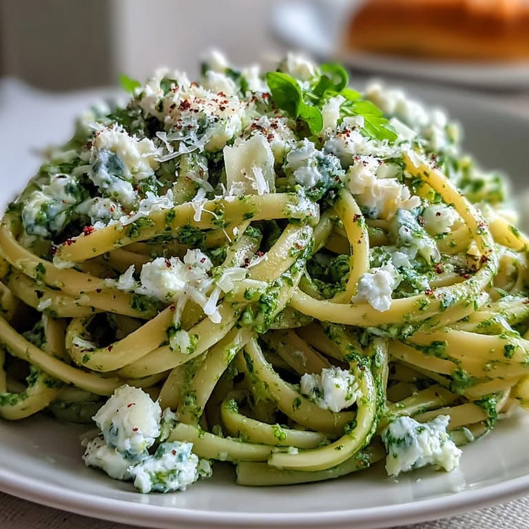 Quick weeknight linguine with arugula pesto, creamy cottage cheese sauce, and grated Parmesan over steaming pasta.