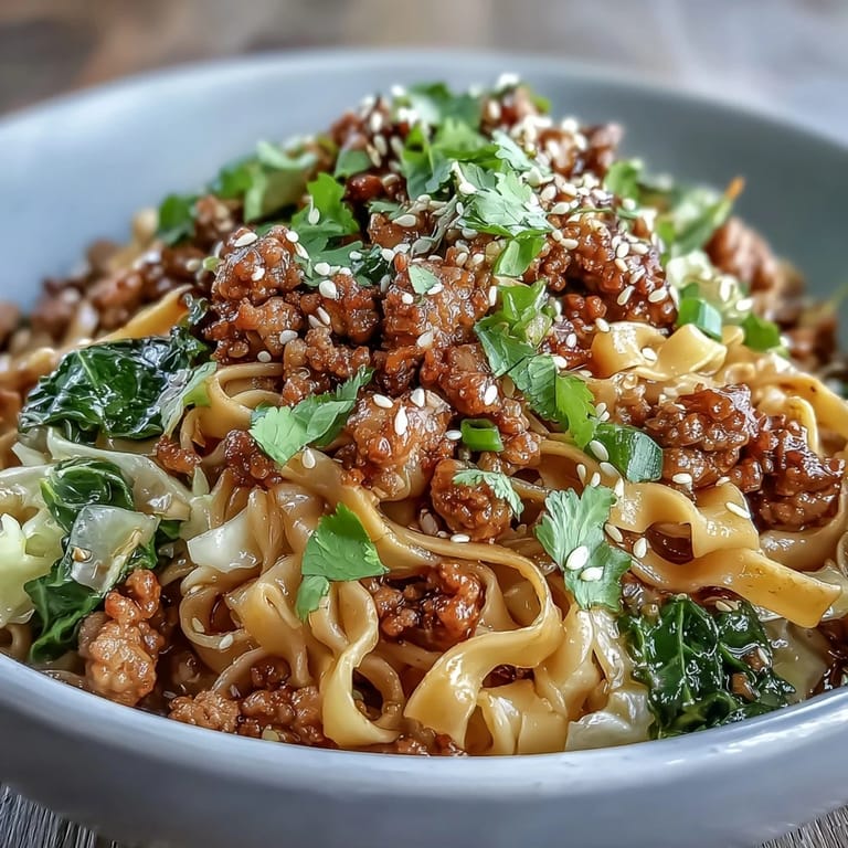 A close-up of Potsticker Noodle Bowls shows herbs and sesame seeds atop a vibrant mix of noodles, pork, and cabbage.