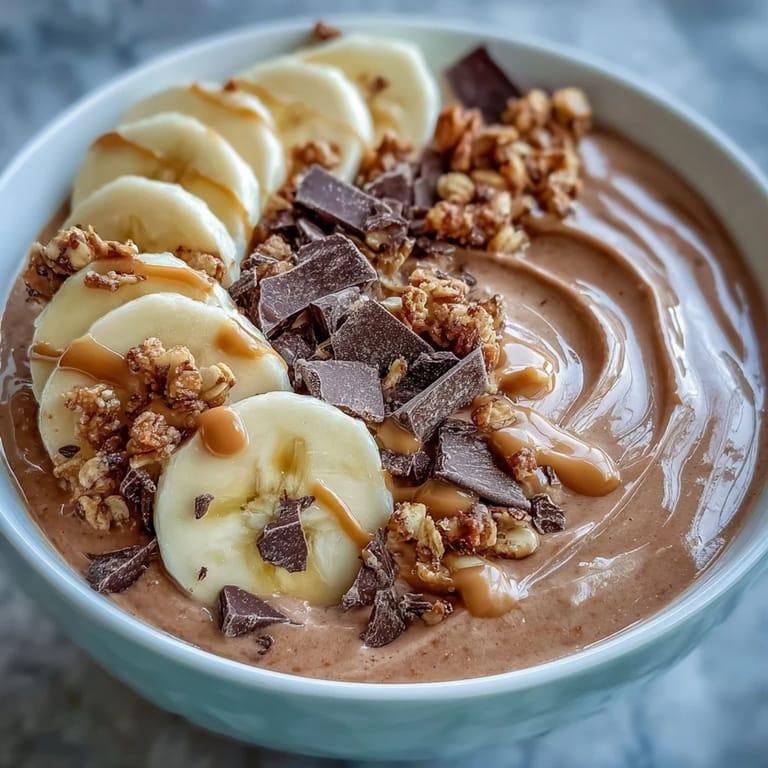 A healthy breakfast idea, this Chocolate Peanut Butter Smoothie Bowl features a rich cocoa and peanut butter base topped with crunchy granola.