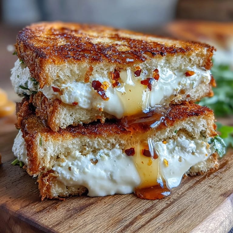 Buttery, crisp slices of goat cheese grilled cheese with honey and chili flakes rest on a white plate, garnished with fresh thyme.