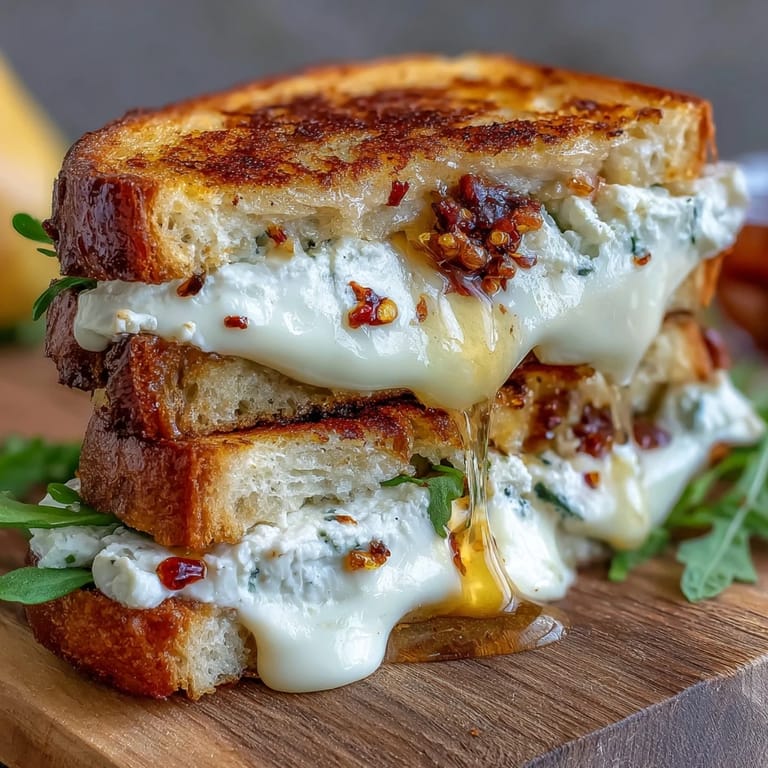 A close-up of gooey goat cheese grilled cheese with honey and chili flakes shows melty cheese oozing from between sourdough slices.
