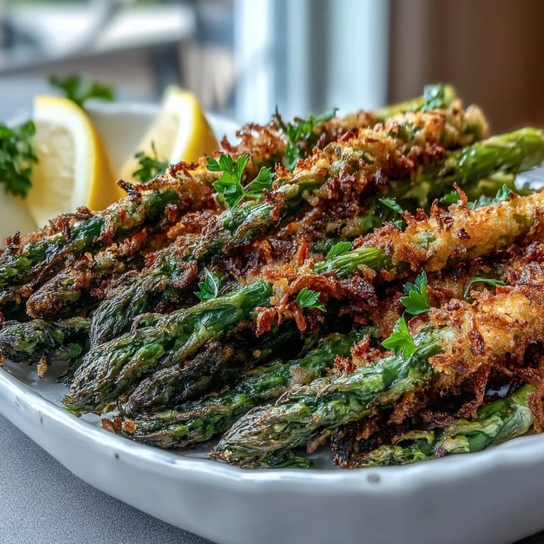 Crispy Asparagus Asiago Spears with a golden crust and tender stalks, presented on a rustic platter with dipping sauce.