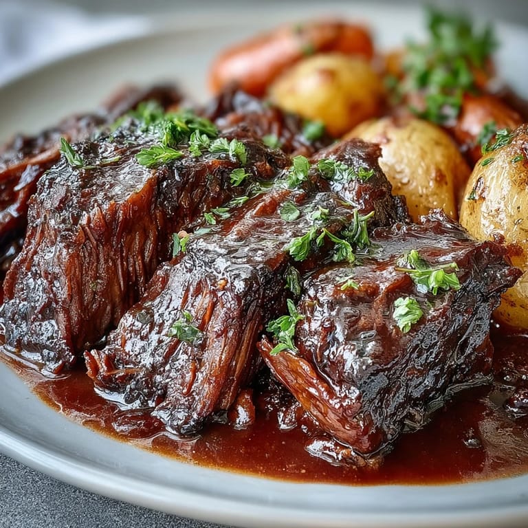 Hearty beef pot roast served on a platter with herbs, ready to be enjoyed as a comforting family dinner.