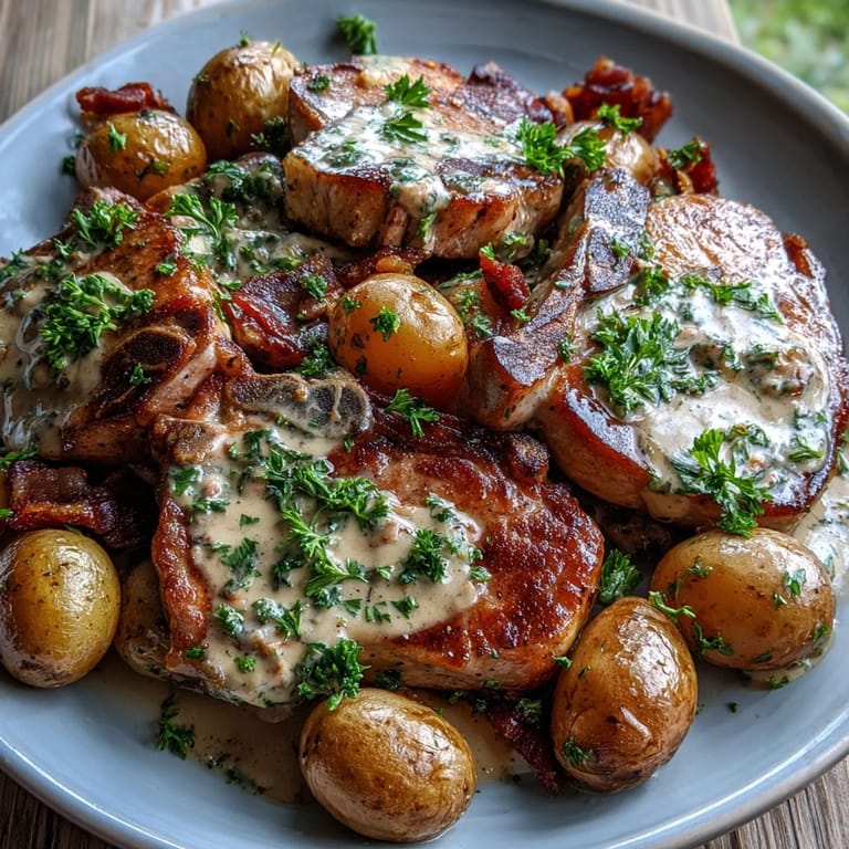 Hearty Crockpot Ranch Pork Chops garnished with parsley alongside soft carrots and potatoes.