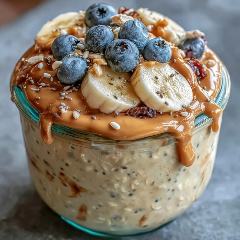 Creamy peanut butter oats topped with banana slices and chopped roasted peanuts, served in a glass jar.