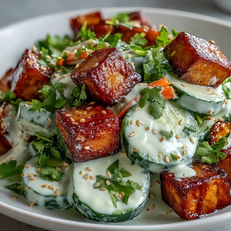 Golden crispy tofu cubes tossed with crunchy cucumbers and carrots in a creamy sesame ginger dressing.