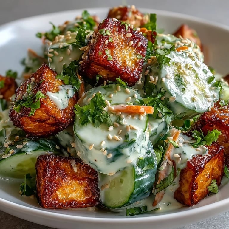 Freshly prepared Creamy Asian Cucumber Salad with Crispy Tofu, topped with sesame seeds and green onions.