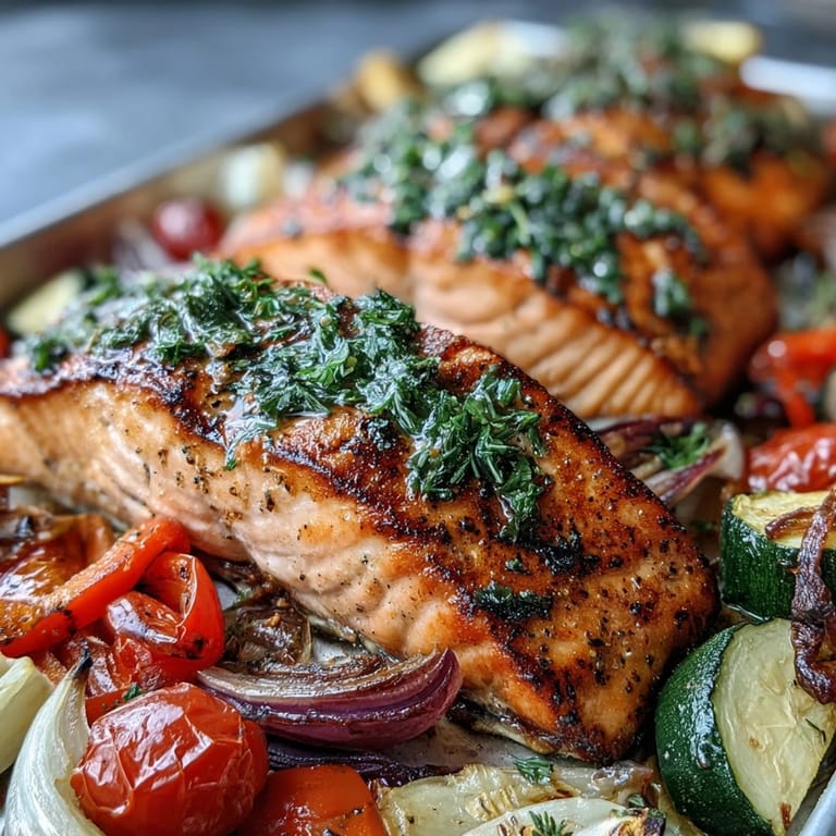 Vibrant roasted zucchini, tomatoes, and tender salmon fillets topped with fresh parsley for a healthy Sheet Pan Salmon and Veggies Bowl.