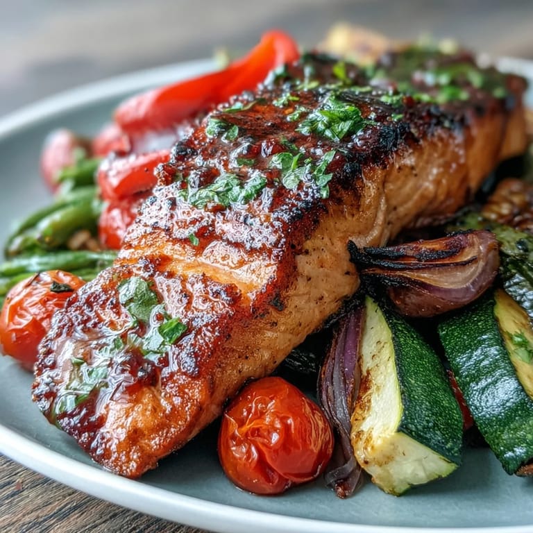 Close-up of flaky, lemon-zested salmon and colorful roasted vegetables arranged neatly on a baking sheet for Sheet Pan Salmon and Veggies Bowl.