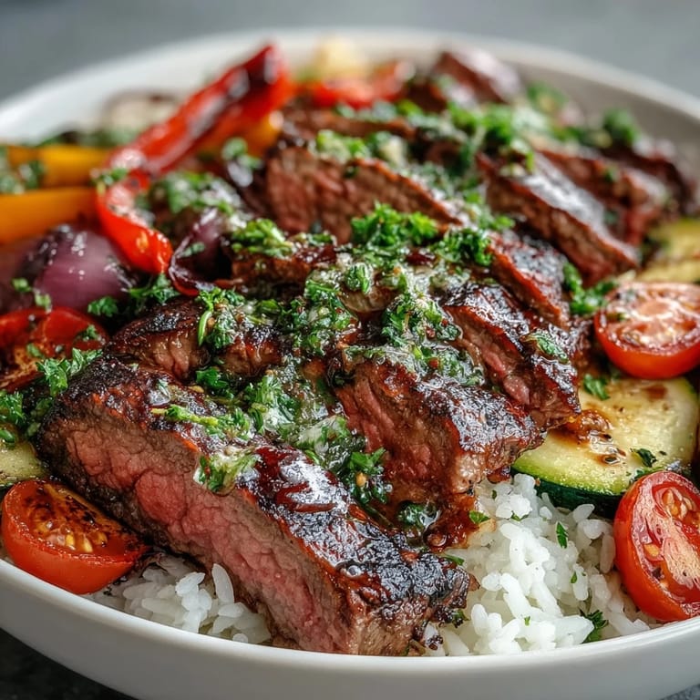 A single sheet pan holds caramelized steak and vegetables beside steaming rice, garnished with fresh parsley and lemon wedges.