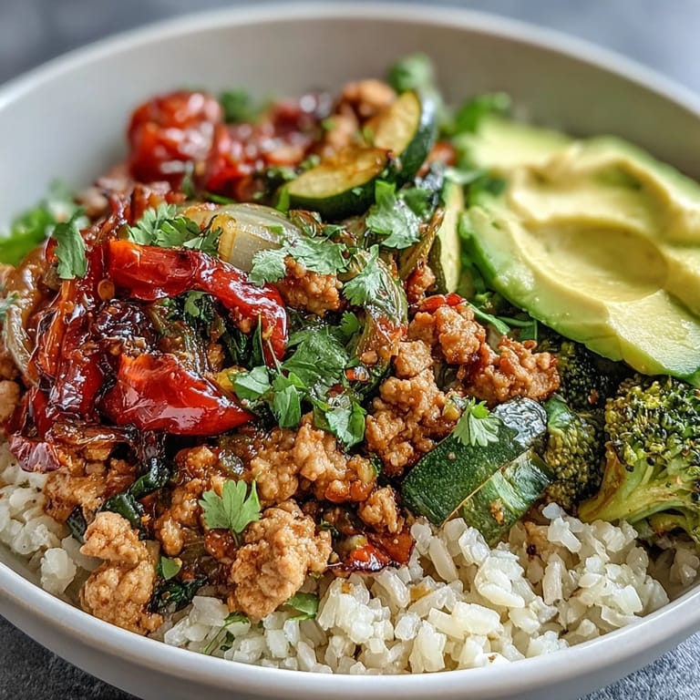 A close-up view shows a wholesome Ground Turkey Bowl with tender zucchini, bell peppers, and a hearty grain base, garnished generously with fresh cilantro.