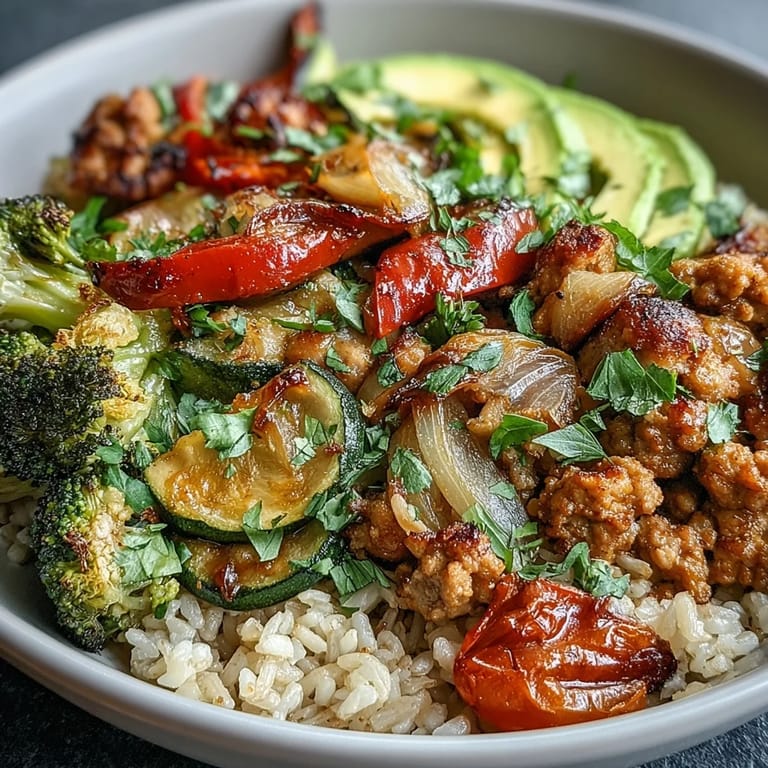 A vibrant, steaming bowl of seasoned ground turkey, roasted broccoli, and cherry tomatoes, creating a healthy and balanced high-protein American dinner.