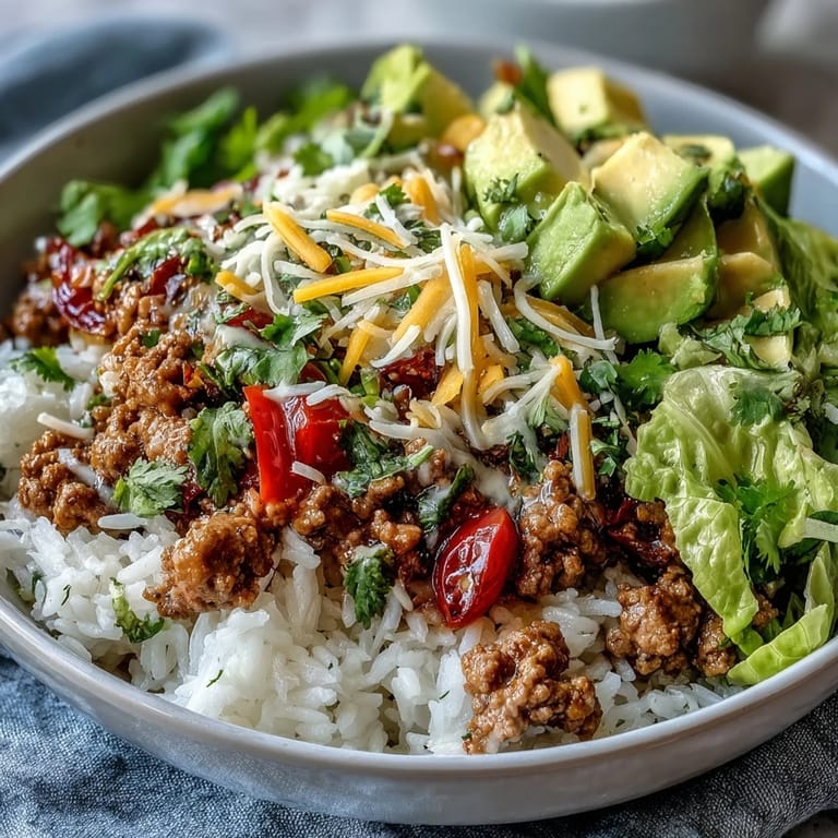Steaming turkey taco bowl with seasoned ground turkey, rice, and all the favorite taco toppings ready to serve.