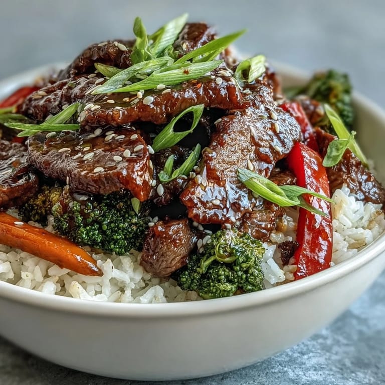 A steaming bowl of easy homemade teriyaki beef served over fluffy rice with sautéed broccoli and peppers.
