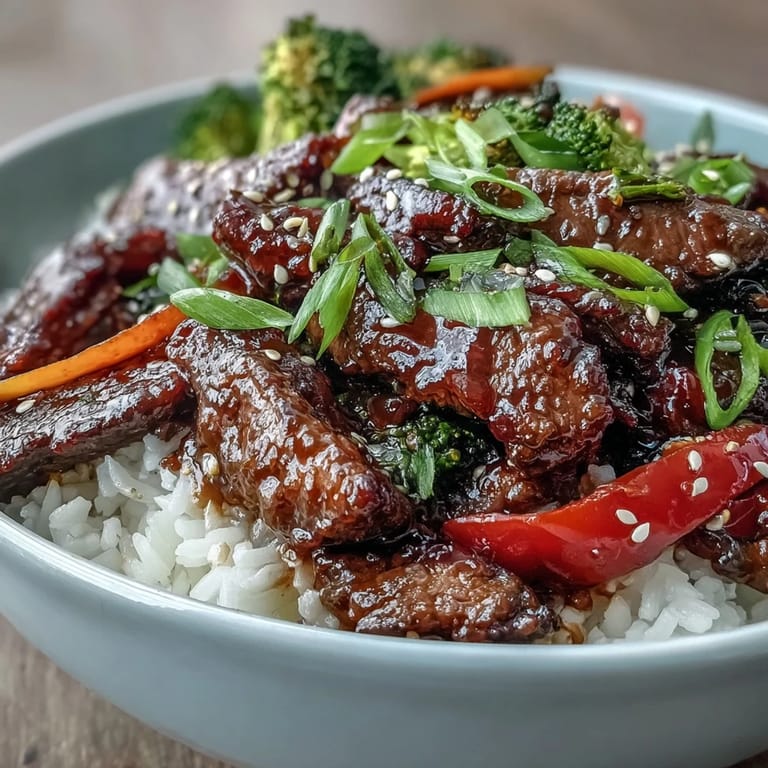Savory teriyaki beef bowl with tender slices, sweet glaze, fluffy rice, and fresh scallion garnish.