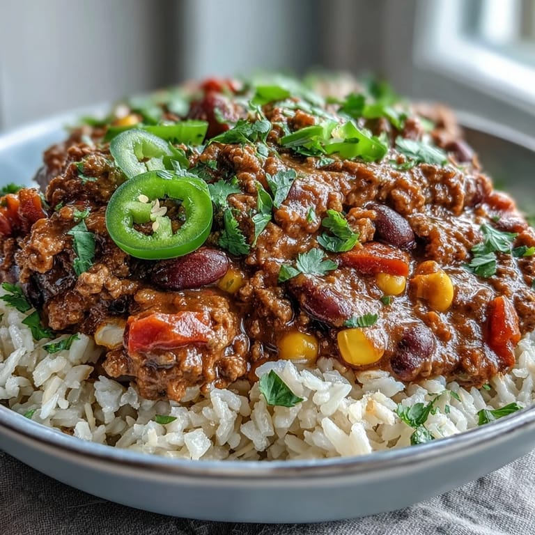 Hearty Chili Bowl Base simmered with beans and corn, spooned over steaming grains.