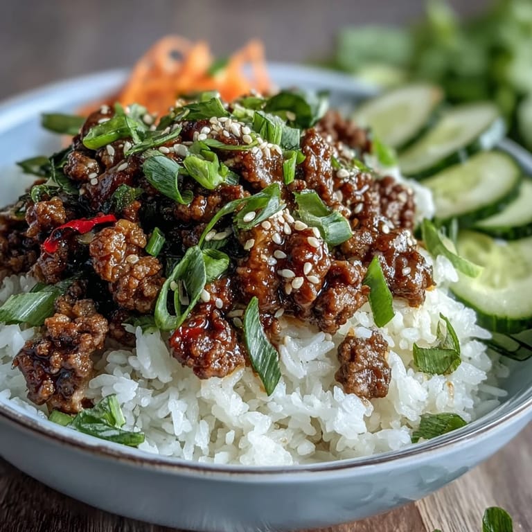 Sizzling Korean Ground Beef Bowl garnished with green onions, served with jasmine rice and crunchy pickled veggies for a healthy family meal.