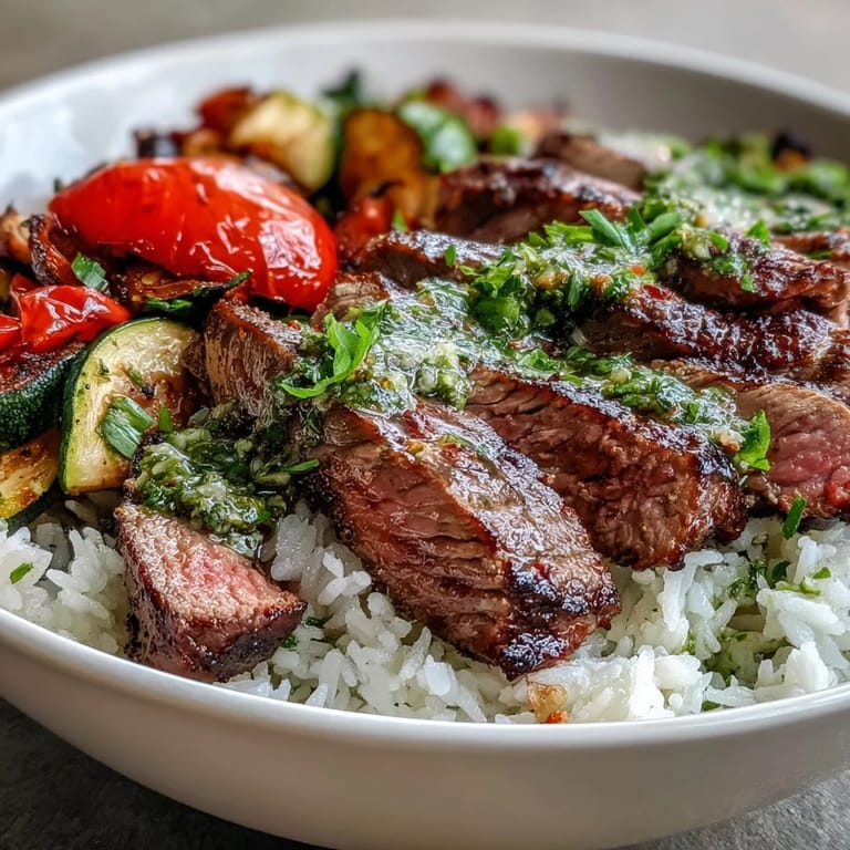 Close-up of a restaurant-style Grilled Steak Bowl featuring tender sliced steak, charred veggies, and zesty chimichurri over steaming rice, perfect for a satisfying gluten-free dinner.