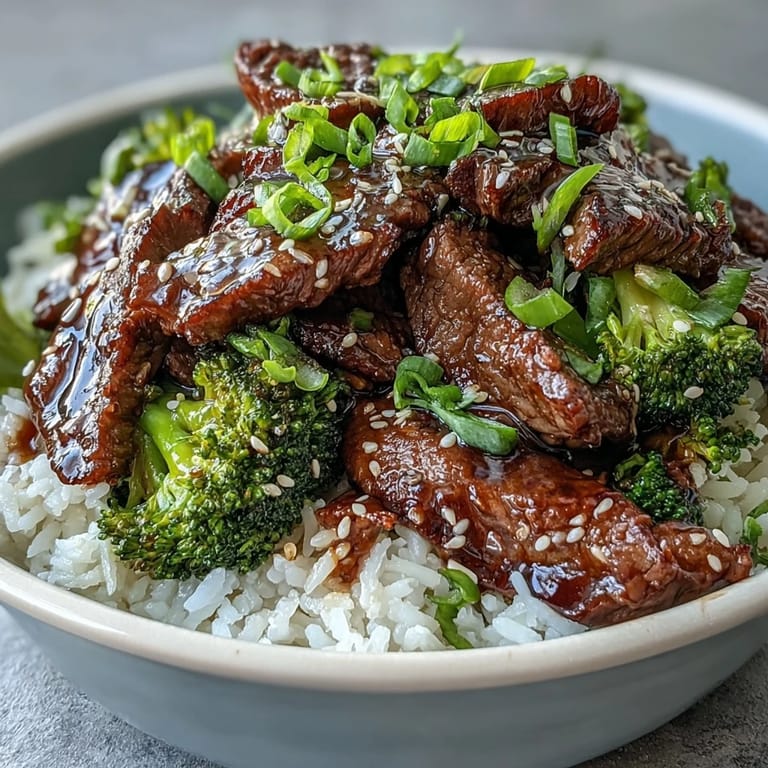 A hearty Beef and Broccoli Bowl served over jasmine rice, drizzled with glossy sauce and sesame seeds.