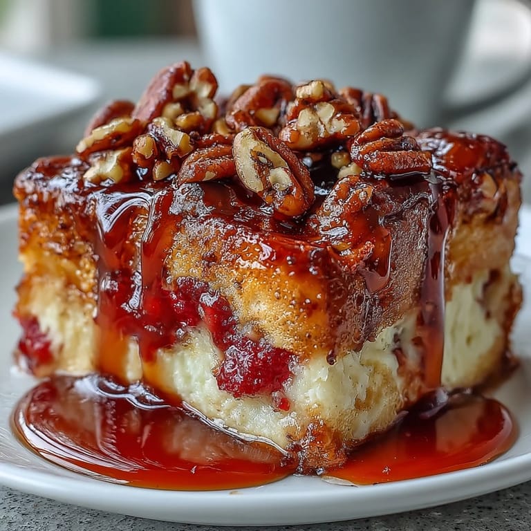 Slices of Guava Caramel Bread Pudding with Pecans are plated beside vanilla ice cream on a rustic table.
