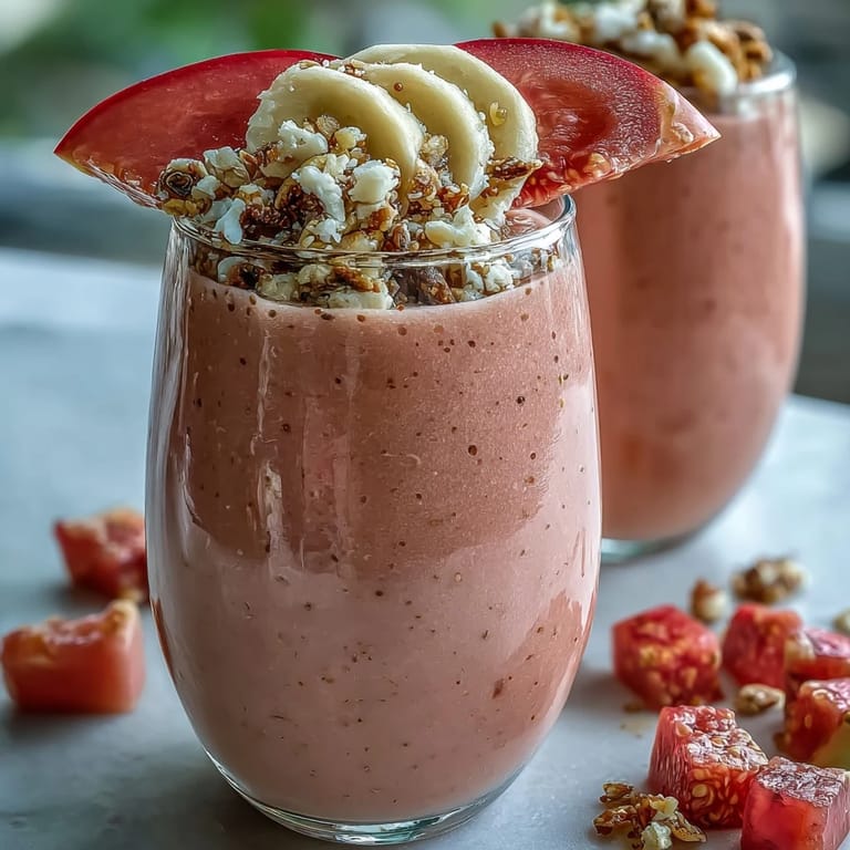 Chilled Guava Banana Smoothie with a frothy texture, garnished with banana slices and guava chunks, perfect for summer sipping.