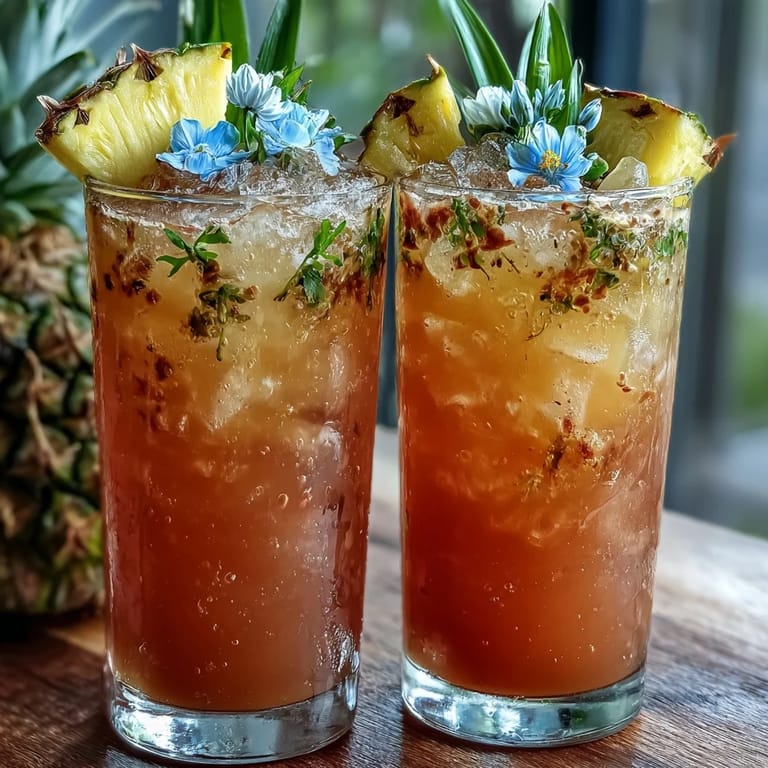 Vibrant Iced Guava Passionfruit Drink served over ice in a tall glass, garnished with a fresh pineapple wedge and edible flowers for a tropical touch.
