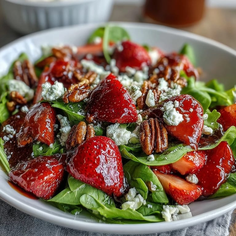 Colorful Spring Strawberry Arugula Salad with goat cheese, walnuts, and sweet-tangy balsamic glaze, a refreshing seasonal dish.