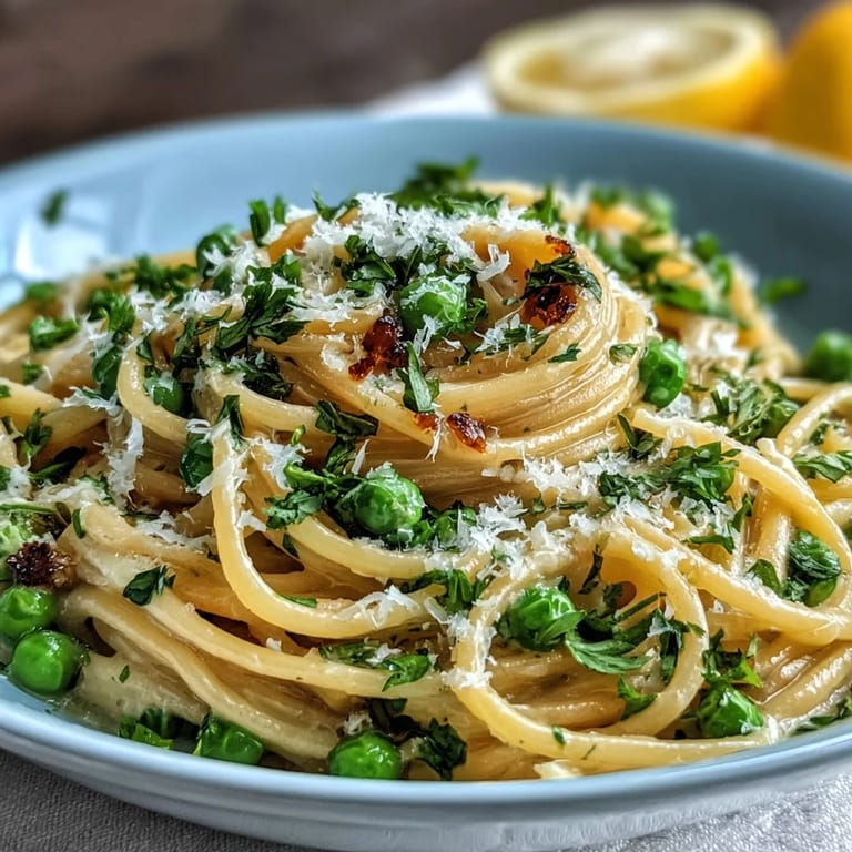 Close-up of lemon butter pasta with peas and Parmesan, garnished with fresh parsley and lemon zest.