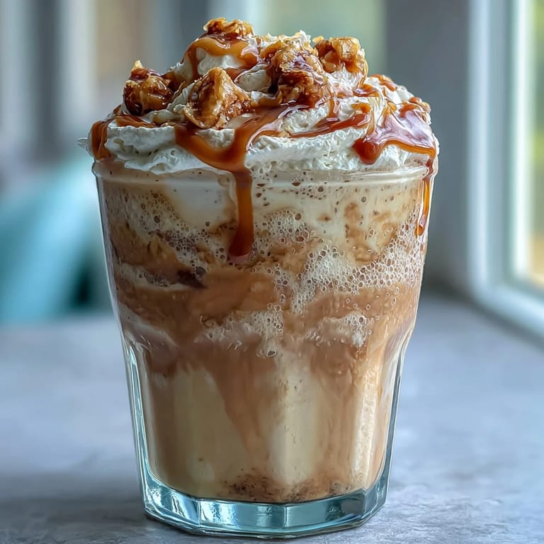 Two tall glasses filled with blended vanilla frappuccino topped with a thick layer of toasted coconut milk foam and whipped cream.