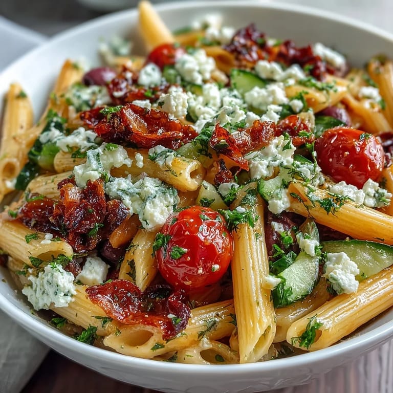 Colorful Mediterranean pasta salad featuring briny Kalamata olives, crumbled feta, and crisp bell peppers tossed in zesty herb dressing.