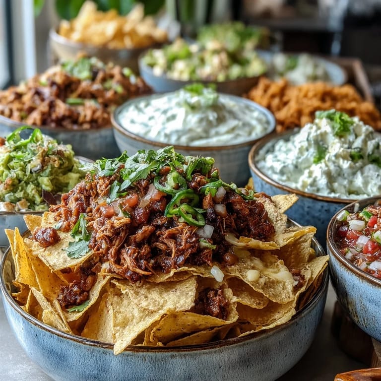 Interactive taco bar spread featuring a variety of proteins, toppings, and sides for building your perfect Cinco de Mayo tacos.  