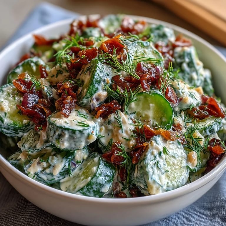A bowl of Creamy Cucumber Salad with Dill and Greek Yogurt, featuring thinly sliced cucumbers in a smooth, herb-infused dressing.