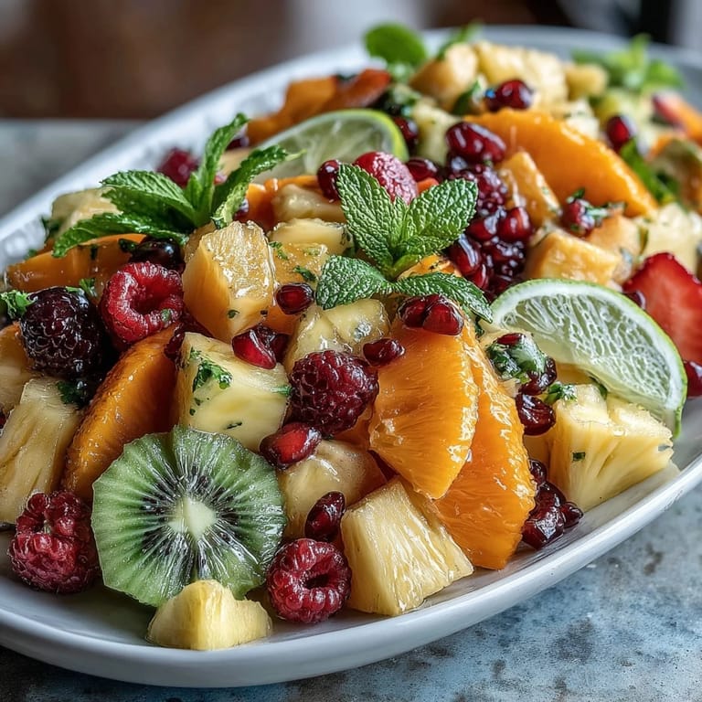 Tropical Mango and Pineapple Display: Colorful fruit arrangement with ripe mango, pineapple chunks, dragon fruit, and strawberries, accented with mint and lime for a refreshing party display.