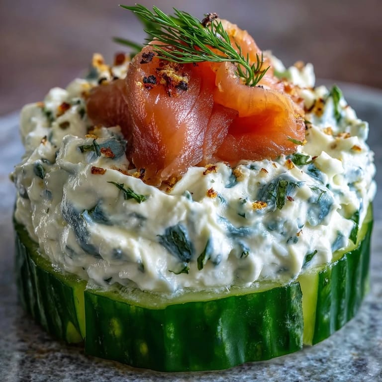 Creamy herbed cheese and savory smoked salmon on fresh cucumber slices, garnished with dill and lemon zest. Easy, gluten-free party appetizer.