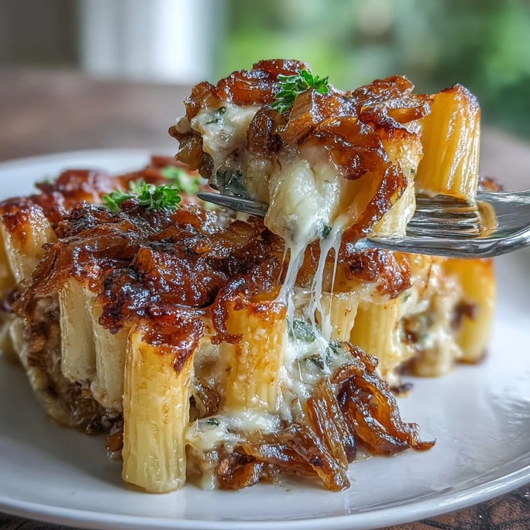Baked French onion pasta featuring tender noodles, rich Gruyère, and sweet caramelized onions in a savory cream sauce.